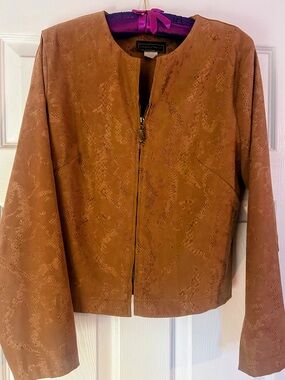Vintage Embossed Faux Suede Zip-Front Lady Jacket in Cognac Size 10P